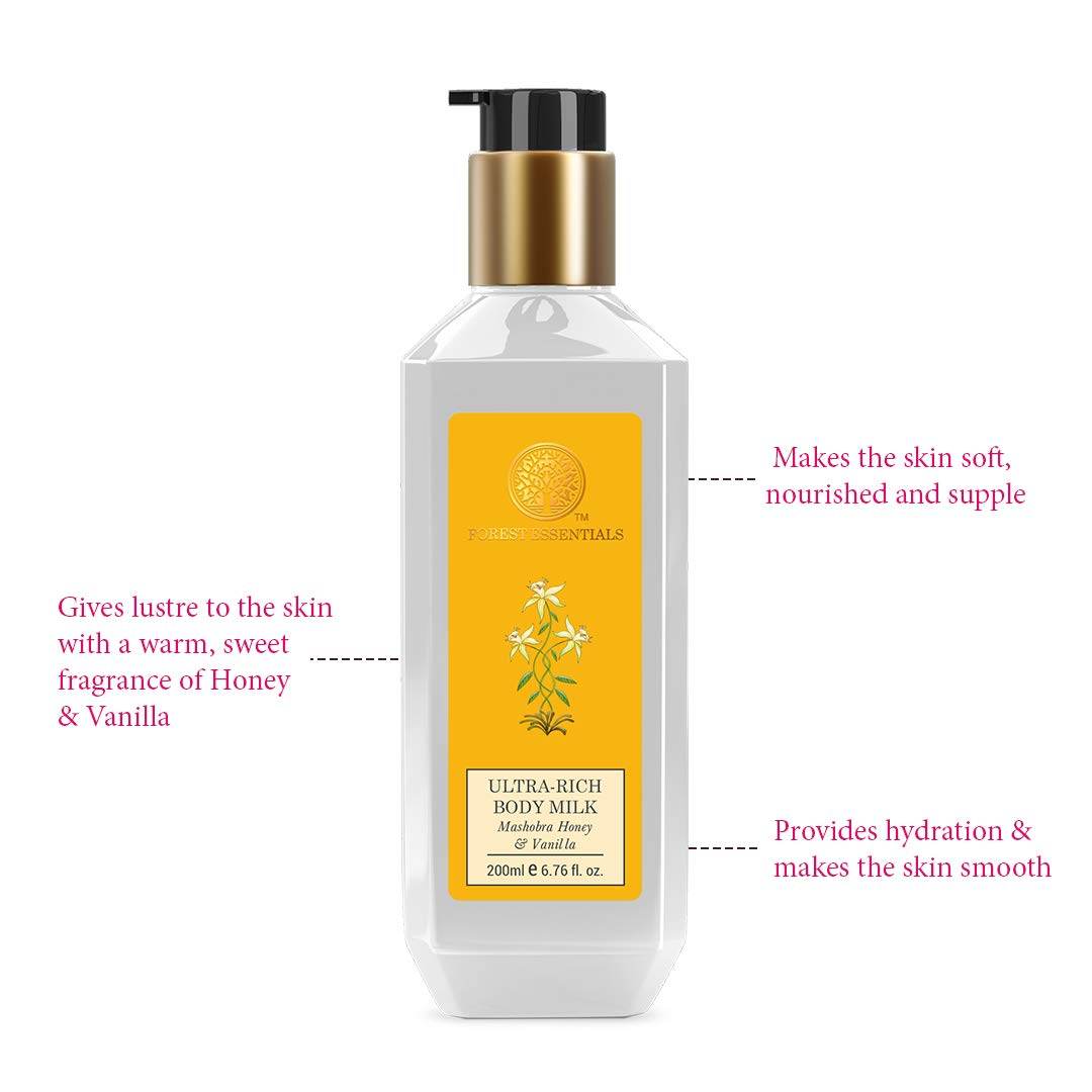 Forest Essentials Ultra-Rich Body Milk Mashobra Honey & Vanilla| Natural Moisturizing Body Lotion For Instant Hydration | Ayurvedic Body Moisturizer, Paraben Free| For Women & Men | 200 ml