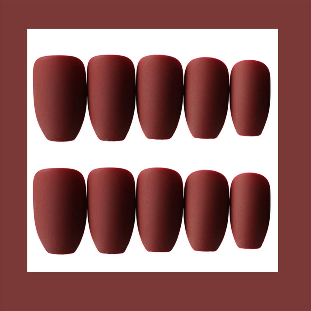 Aimimier 24Pcs Ballerina Matte False Nail Medium Pure Color Full Cover Square Coffin Nails with Glue Sticker Boho Clip on Nails Art Tips Set for Women and Girls (Burgundy)