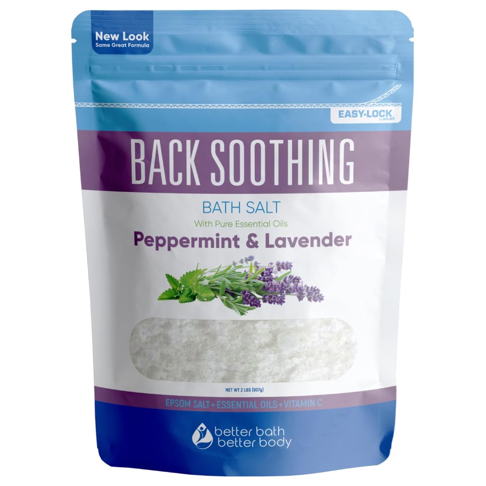 Back Soothing Bath Salt 32 Ounces Epsom Salt with Natural Bergamot, Lavender, Eucalyptus and Peppermint Essential Oils Plus Vitamin C in BPA Free Pouch with Easy Press-Lock Seal