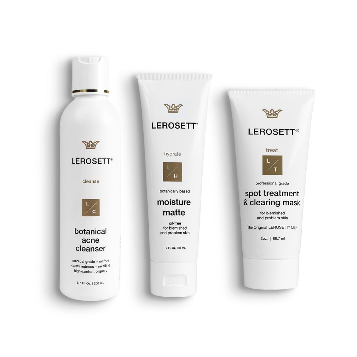 LEROSETT Acne Kit Includes Cleanser Moisturizer & Spot Treatment Mask Organic Calming Aloe & Clay Based, Clears Acne, Pimples, Blackheads & Breakouts, Vegan Acne Kit, For All Skin Types