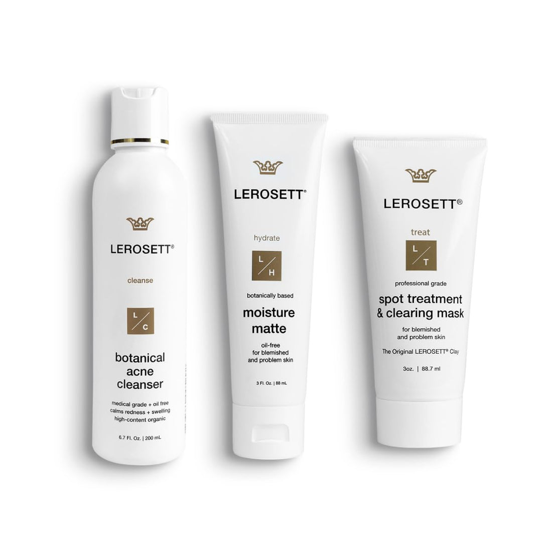 LEROSETT Acne Kit Includes Cleanser Moisturizer & Spot Treatment Mask Organic Calming Aloe & Clay Based, Clears Acne, Pimples, Blackheads & Breakouts, Vegan Acne Kit, For All Skin Types