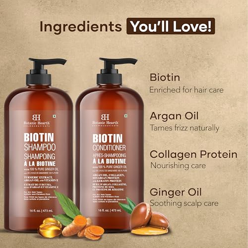 Botanic Hearth Biotin Shampoo and Conditioner Set - with Ginger Oil & Keratin for Hair Loss and Thinning Hair for Men and Women - Sulfate Free, 16 fl oz each