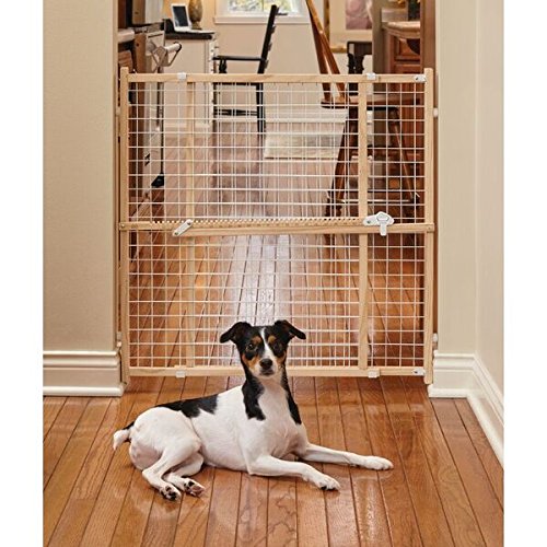 MidWest Homes for Pets Wire Mesh Pet Safety Gate, Pressure Mounted Dog Gate Measures 32 Inches Tall & Expands to 29-50 Inches Wide, Natural Wood & White Powder Coated Wire Mesh