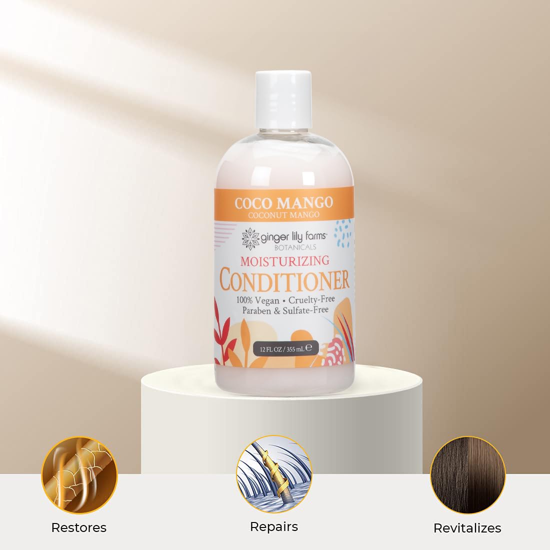 Ginger Lily Farms Botanicals Moisturizing Conditioner for Dry Hair, Coco Mango, 100% Vegan & Cruelty-Free, Coconut Mango Scent, 12 Fl Oz