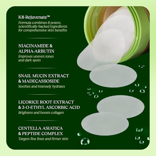 JiYu Korean Skincare Anti-Aging, Dark Spot & Wrinkle Minimizing Toner Pads - Hydrating with Snail Mucin, Centella Asiatica, Niacinamide, Peptides - for Acne Marks & Hyperpigmentation - 100 Count