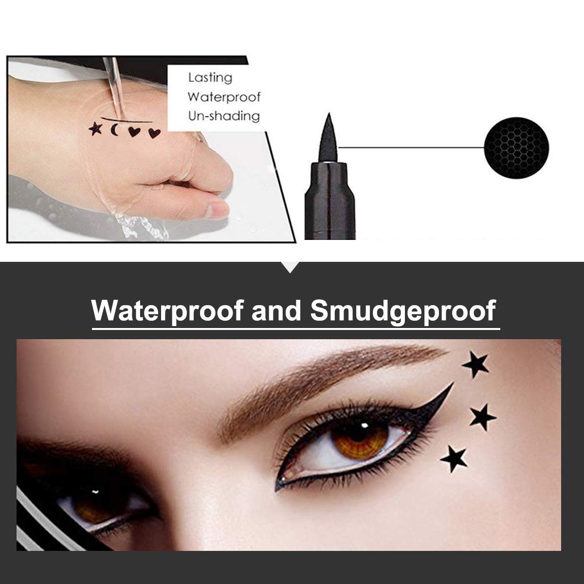EVPCT 4-in-1 Star Flowers Hearts Face Makeup Set - Black Colored Liquid Winged Eyeliner Stamp, Waterproof Star Eye Liner Wing Eyeliner Stamp Figures Tool