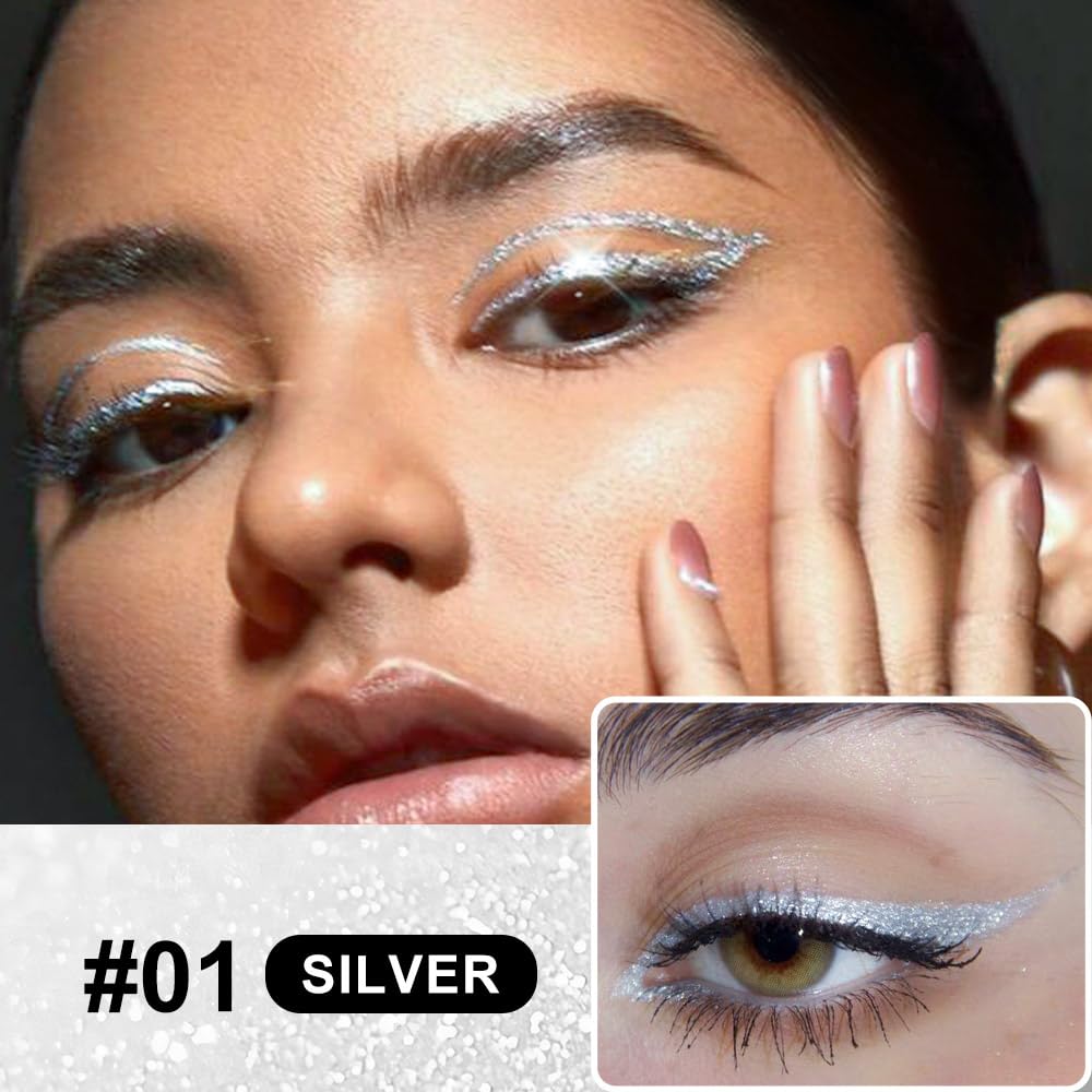 evpct 1Pcs Silver Glitter Shimmer Colored Liquid Eyeliner Eye Shadow Makeup Pencil Pen, Pearl White Face Body Glitter Makeup Fake Eyelashes Mascara Accessories, Sparkle Metallic Eyeliner Waterproof