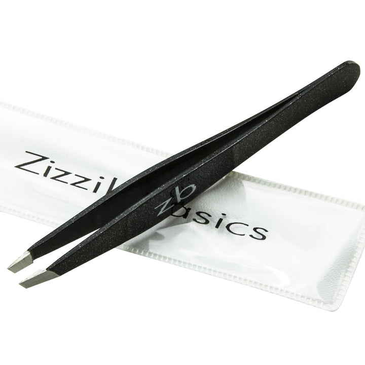 Tweezers - Surgical Grade Stainless Steel - Slant Tip for Expert Eyebrow Shaping and Facial Hair Removal - with Bonus Protective Pouch - Best Tool for Men and Women (Black)