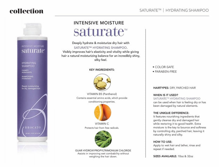 Brocato Saturate Daily Hair Shampoo: Intensive Moisture Hydrating Shampoo for Dry, Damaged Hair - Moisturizing Formula Safe for Color Treated Hair - Contains No Sulfate or Parabens - 10 Oz