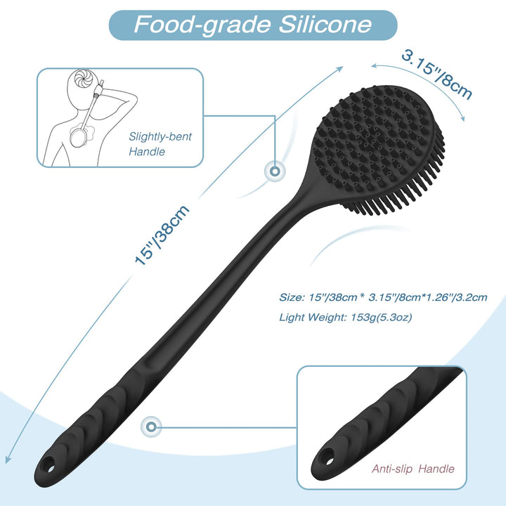ManmiHealth Silicone Back Scrubber(Thick Bristles) & Soft Bath Glove Set, Super-Exfoliating Body Scrubber & Super-Lathering Shower Brush Combination, with a Free Hook.(Black)