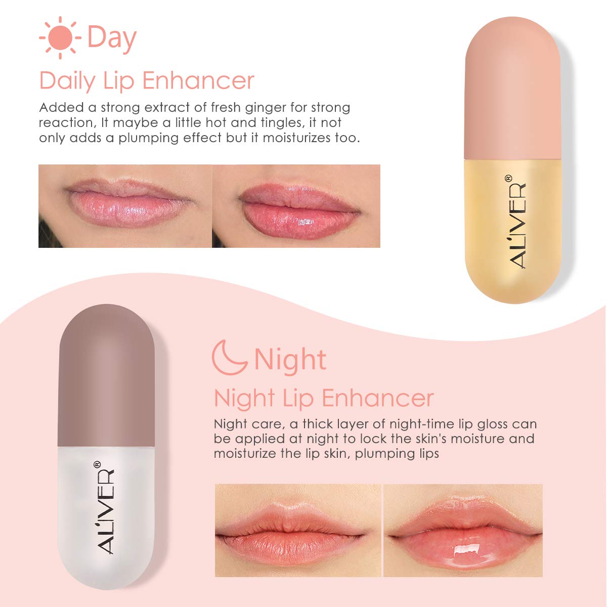 Lip Plumper Gloss- Natural Lip Plumper,Plumper Set Contains Day and Night Lip Gloss -Clear Lip Plump Gloss-Enhancer for Fuller & Hydrated Lips | Give Volume,Moisturize