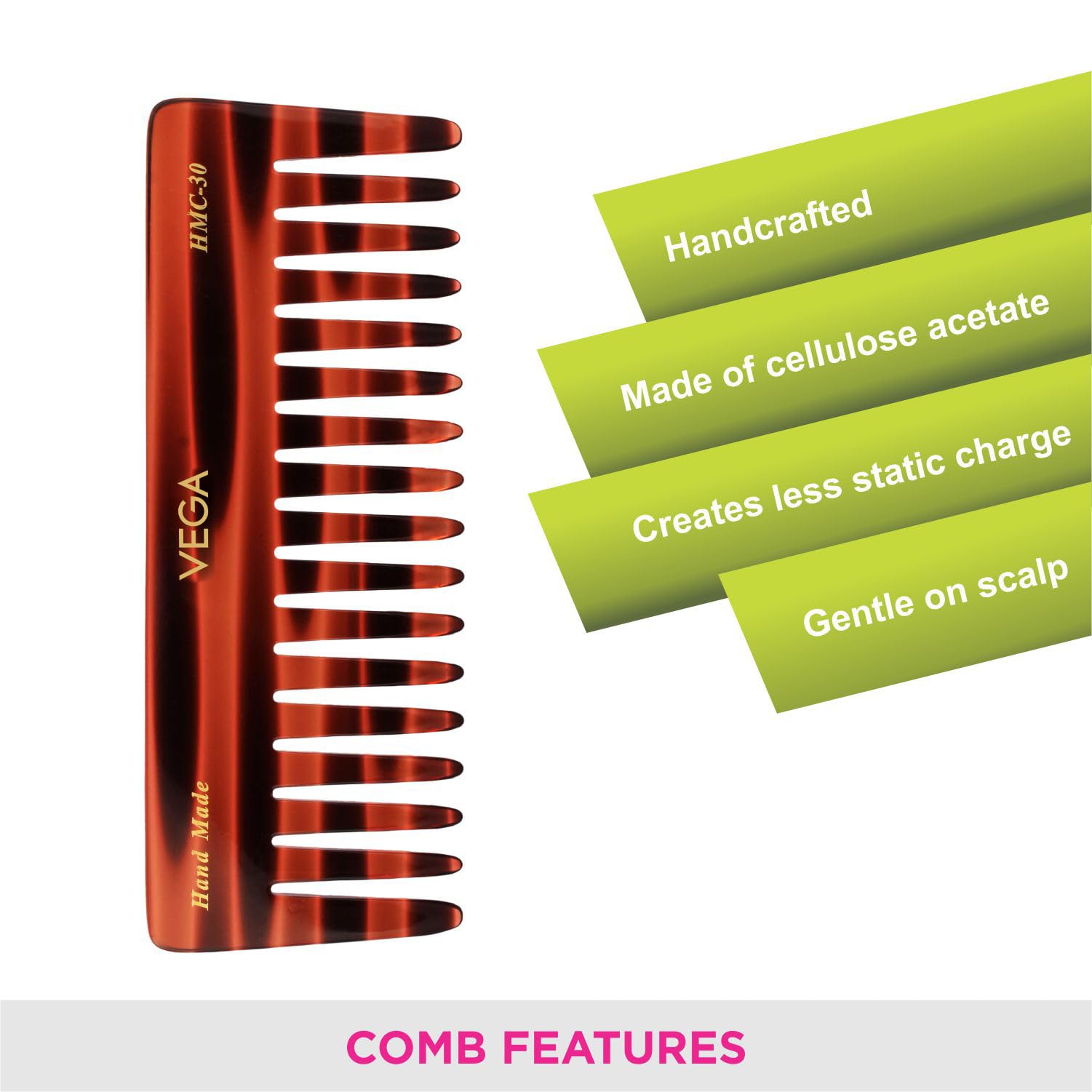 Vega Large Shampoo Hair Comb with Wide Teeth,Handmade (India's No.1* Hair Comb Brand)For Men and Women, (HMC-30)