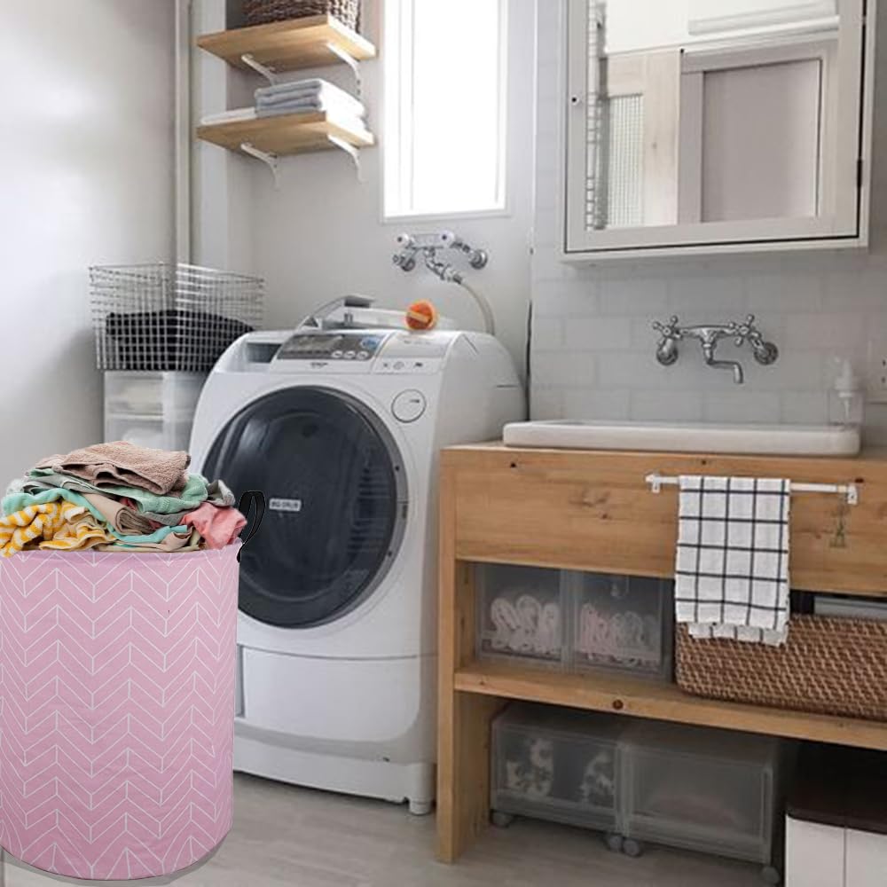 ACMUUNI 19.7 Round Kids Laundry Clothes Hamper Pink Laundry Basket with Handles,Baby Toys Storage Organizer Bins Laundry Gift Basket for Boys and Girls Room, Bedroom Decorate(Pink Geometry)