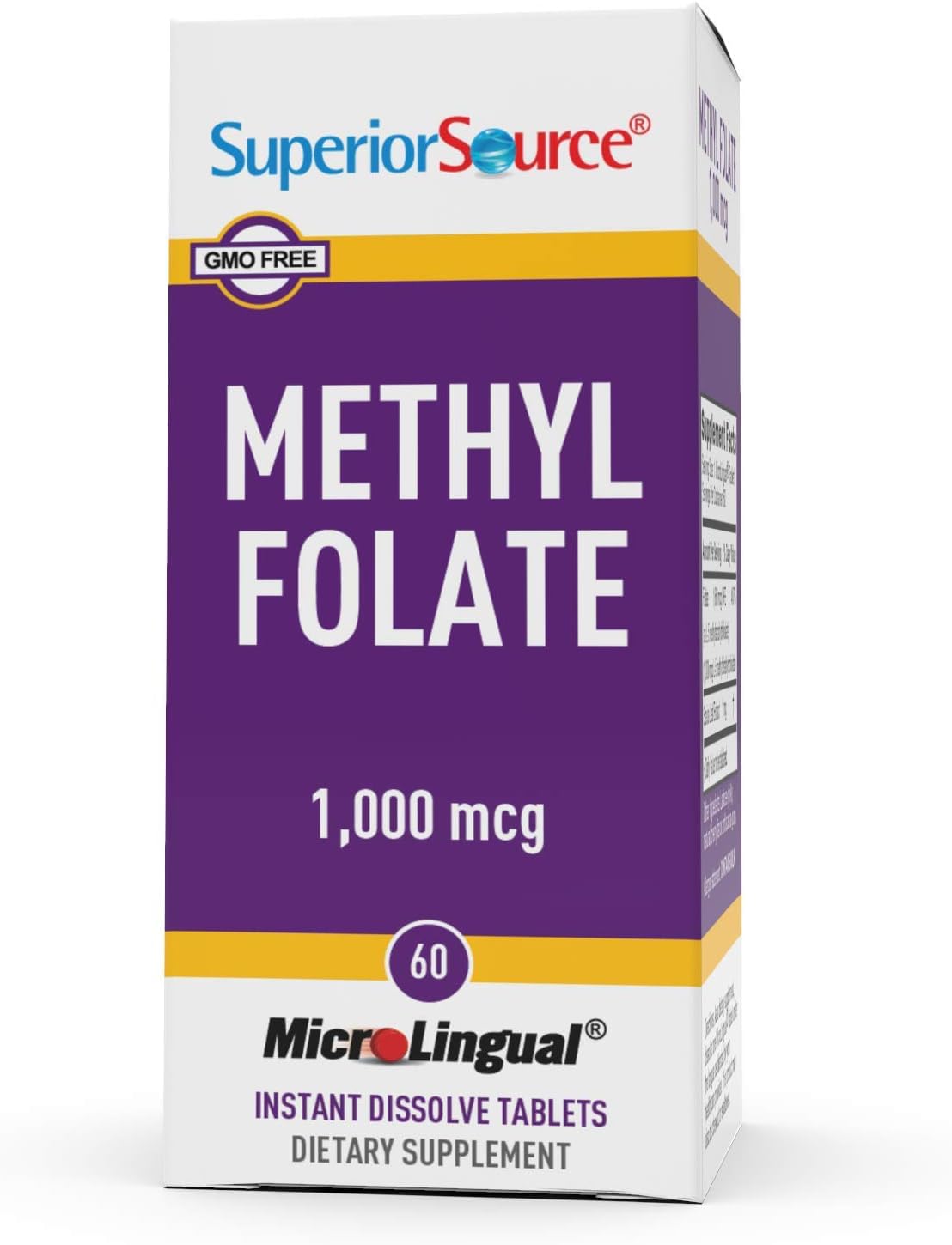Superior Source Methylfolate 5-MTHF 1000 mcg, Quick Dissolve MicroLignual Tablets, 60 Ct, Biologically Active Form of Folate, Cardiovascular Health, Energy Metabolism & Prenatal Development, Non-GMO