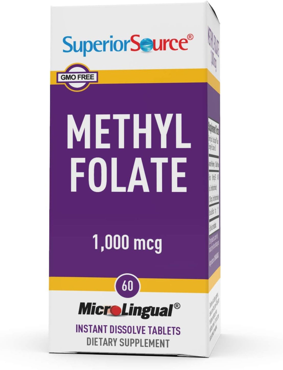 Superior Source Methylfolate 5-MTHF 1000 mcg, Quick Dissolve MicroLignual Tablets, 60 Ct, Biologically Active Form of Folate, Cardiovascular Health, Energy Metabolism & Prenatal Development, Non-GMO