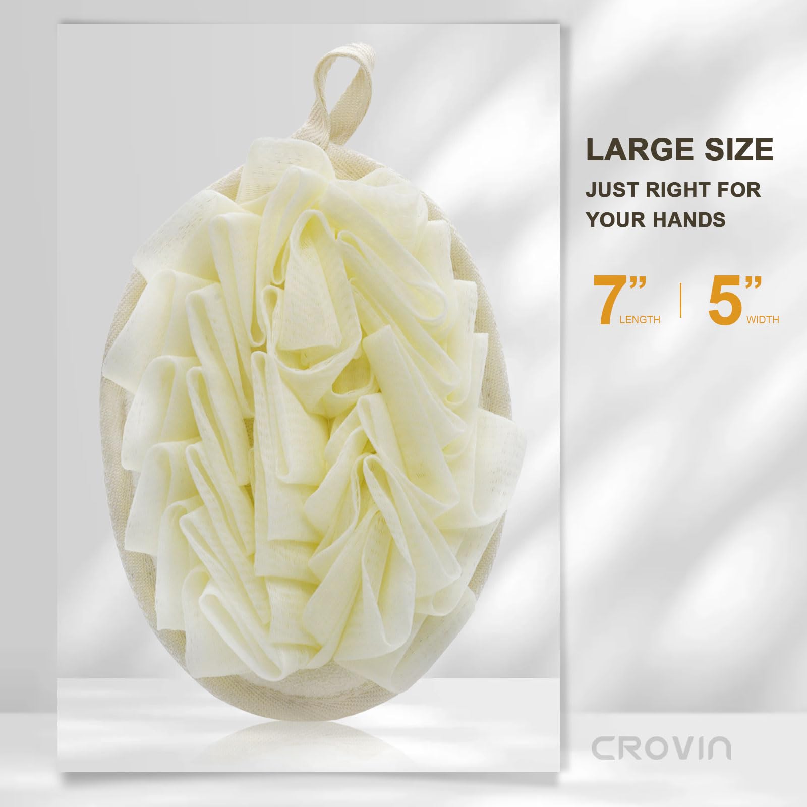 Crovin Bath Shower Pouf Sponge-4 Packs Eco-Friendly Exfoliating Mesh Pouf Sponge-Large 5X7 Premium Loofah Shower Scrubber For Men And Women-Elastic Hand Strap Body Brush To Soothe, Cleanse Your Skin