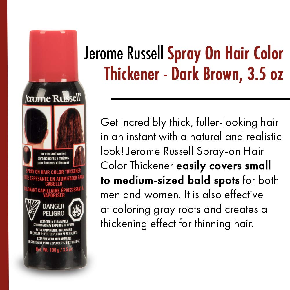 Jerome Russell Spray-on Color Dark Brown Hair Thickener, For Fine and Thinning Hair, Conceals Bald Spots, Grey Hair, Hides Root Re-growth, and Cover Hair Extension Tracks, Works for Men and Women, 3.