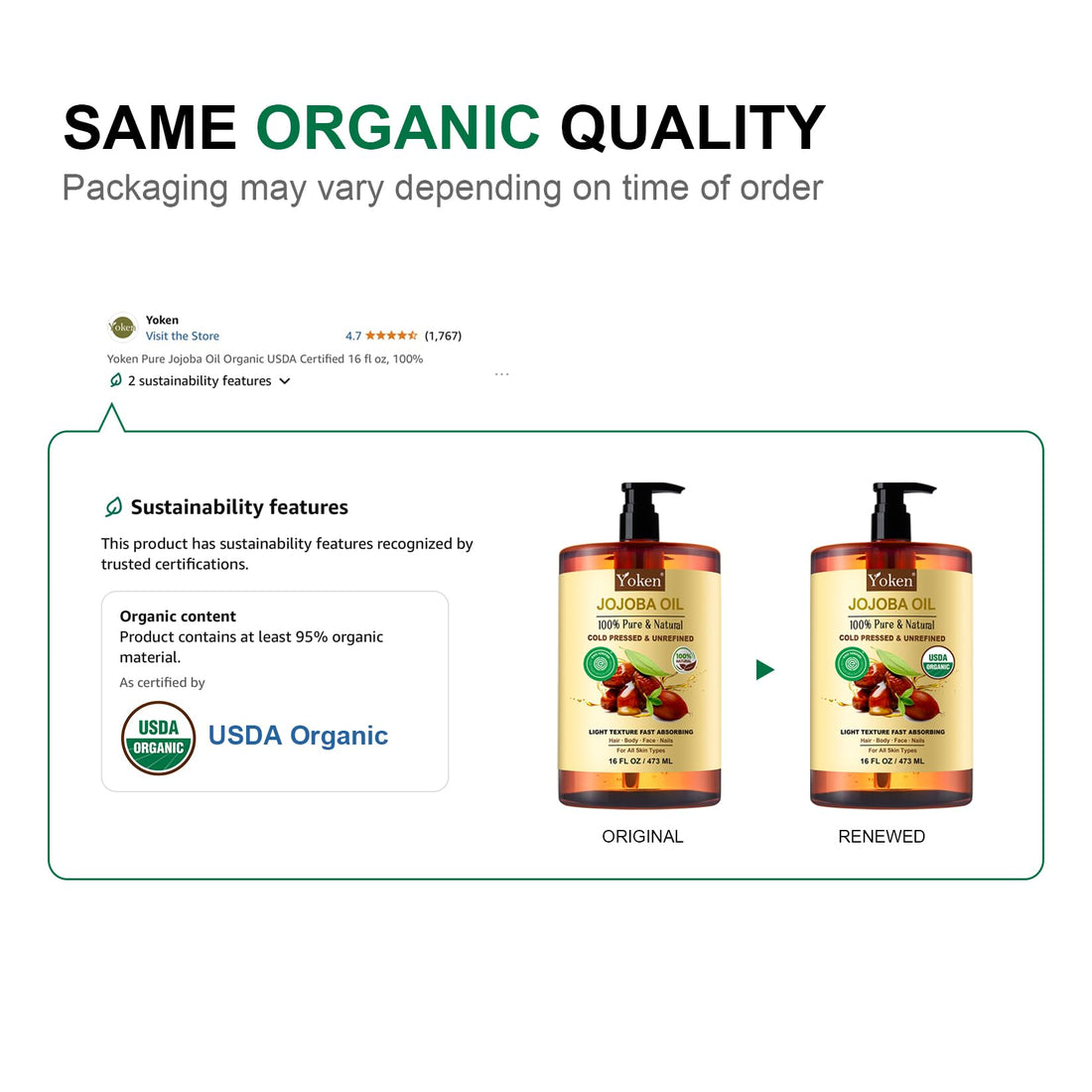 Yoken Pure Jojoba Oil EWG Verified 16 fl oz, 100% Natural Jojoba Oil for Hair, Skin & Face, Cold Pressed Unrefined, Deeply Moisturizing Body Oil Jojoba Carrier Oil for Essential Oils Mixing
