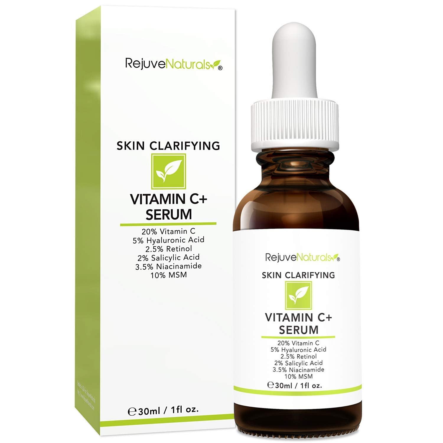 Vitamin C Serum Plus 5% Hyaluronic Acid, 2% Retinol, 2% Salicylic Acid, 3.5% Niacinamide, 10% MSM, 20% Vitamin C - Anti Aging Anti Wrinkle Skin Clearing Serum Organic Skin Care for Face and Eyes (1oz)
