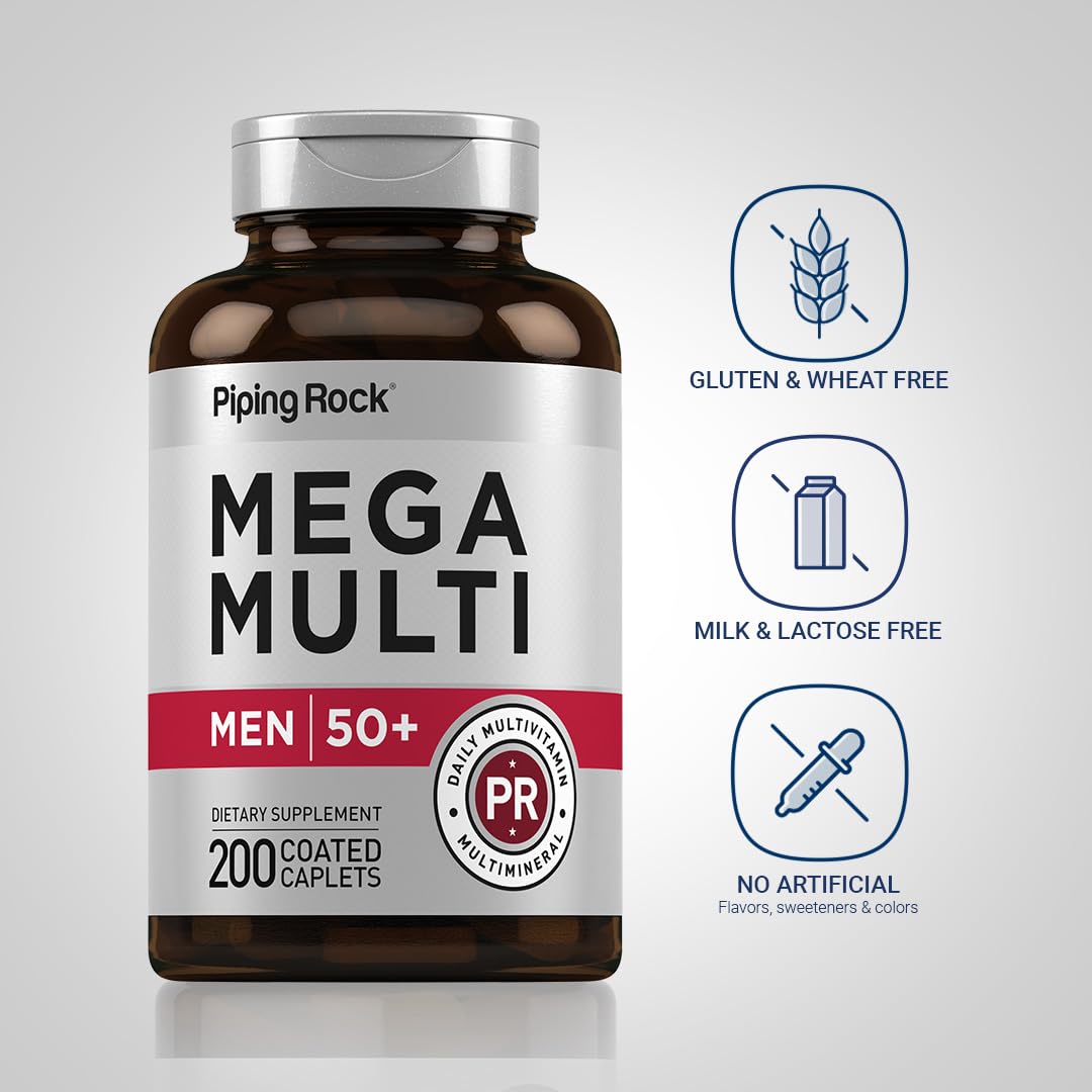 Piping Rock Multivitamin for Men Over 50+ | 200 Caplets | Mega 50 Plus Daily Multimineral | with Magnesium, Calcium, Zinc | Non-GMO, Gluten Free Supplement