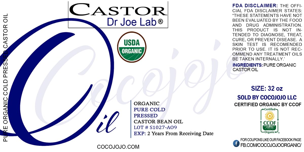 Dr Joe Lab Castor Oil Organic, Cold Pressed Organic Castor Oil, Unrefined, Pure USDA Certified Hexane Free Non GMO - Natural Moisturizing Hydrating Hair Skin Face Body Nails - 32 Oz