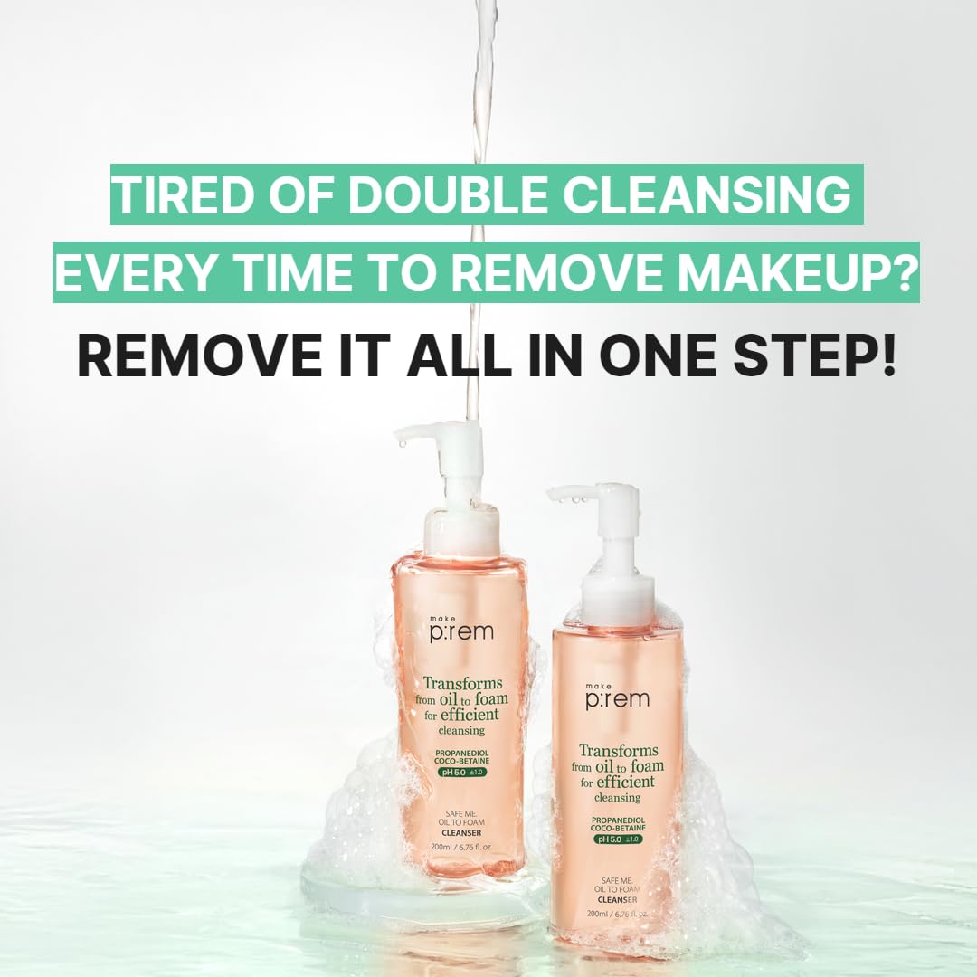 MAKE P:REM Safe Me. Oil to Foam Cleanser, Gentle Transforming Cleanser for Sensitive Skin, Korean Skin Care, 6.76 fl.oz. / 200ml