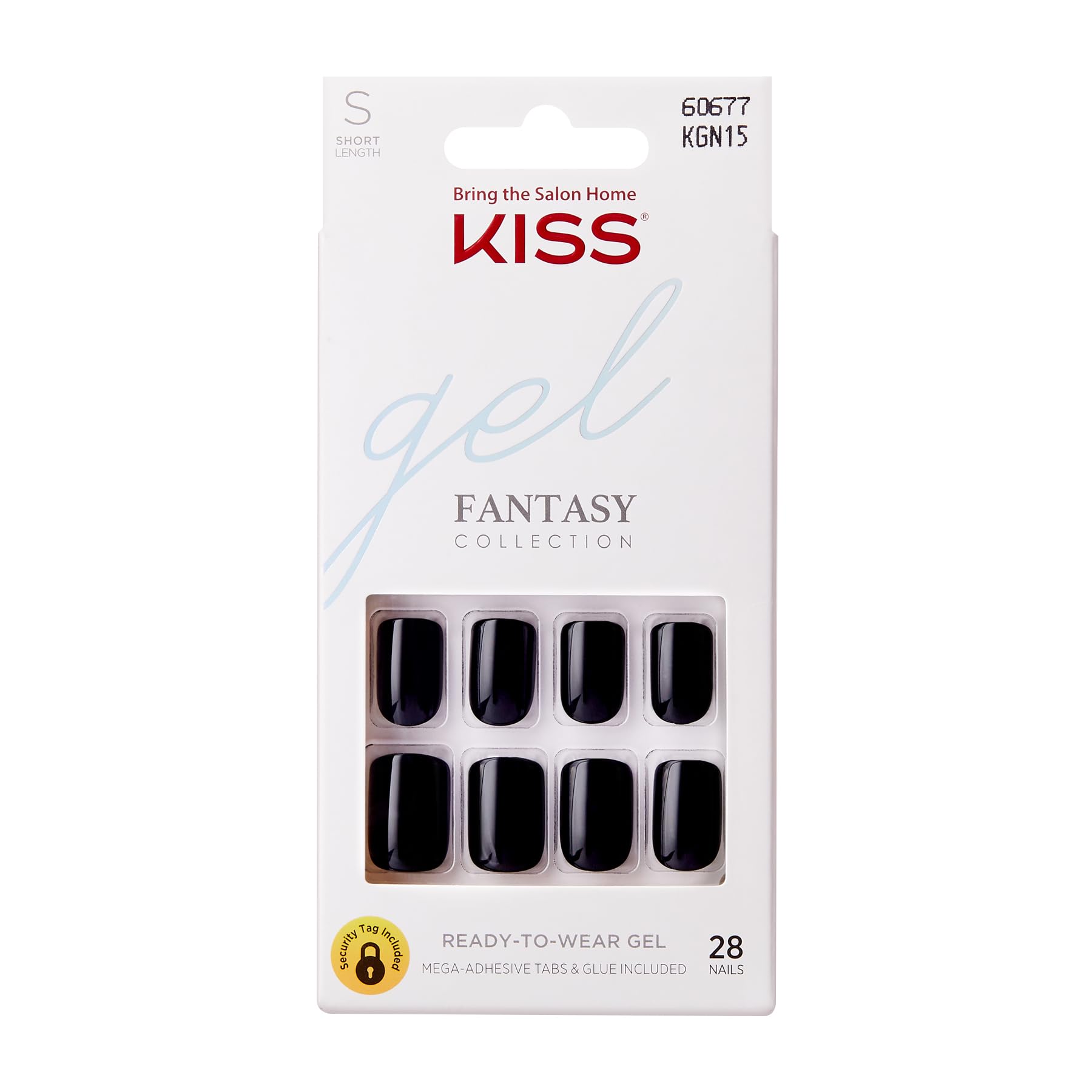 KISS Gel Fantasy Ready-to-Wear Press-On Gel Nails, ââ‚¬Å“Aim Highââ‚¬Â, Short, Black, Nail Kit with 24 Mega Adhesive Tabs, Pink Gel Glue, Manicure Stick, Mini File, and 28 Fake Nails