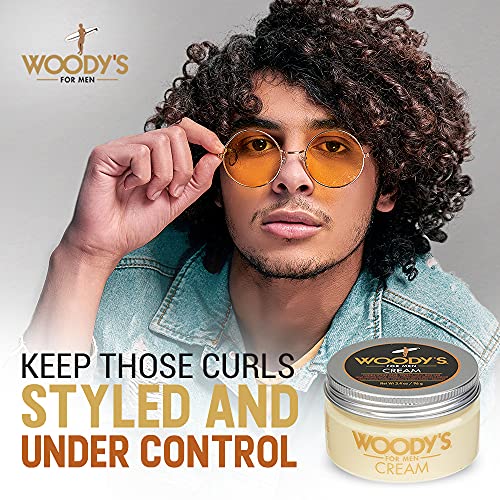 Woody's Styling Cream for Men, Controls Curly/Wavy Hair, Water-Soluble Mild Hold, Healthy Shine, 3.4 oz