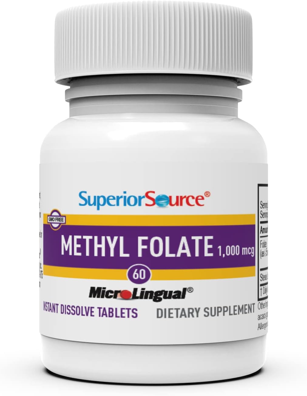 Superior Source Methylfolate 5-MTHF 1000 mcg, Quick Dissolve MicroLignual Tablets, 60 Ct, Biologically Active Form of Folate, Cardiovascular Health, Energy Metabolism & Prenatal Development, Non-GMO