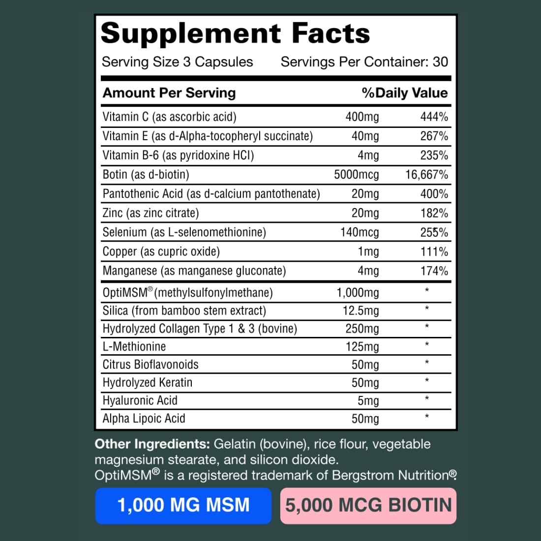 Vine Nutrition Hair Vitamins MSM Powder Healhty Hair Skin & Nails - 17 in 1 Ingredients with OptiMSM 1,000mg Hair Supplement Biotin 5000mcg and Keratin – Thousands of Happy customers - 90 ct