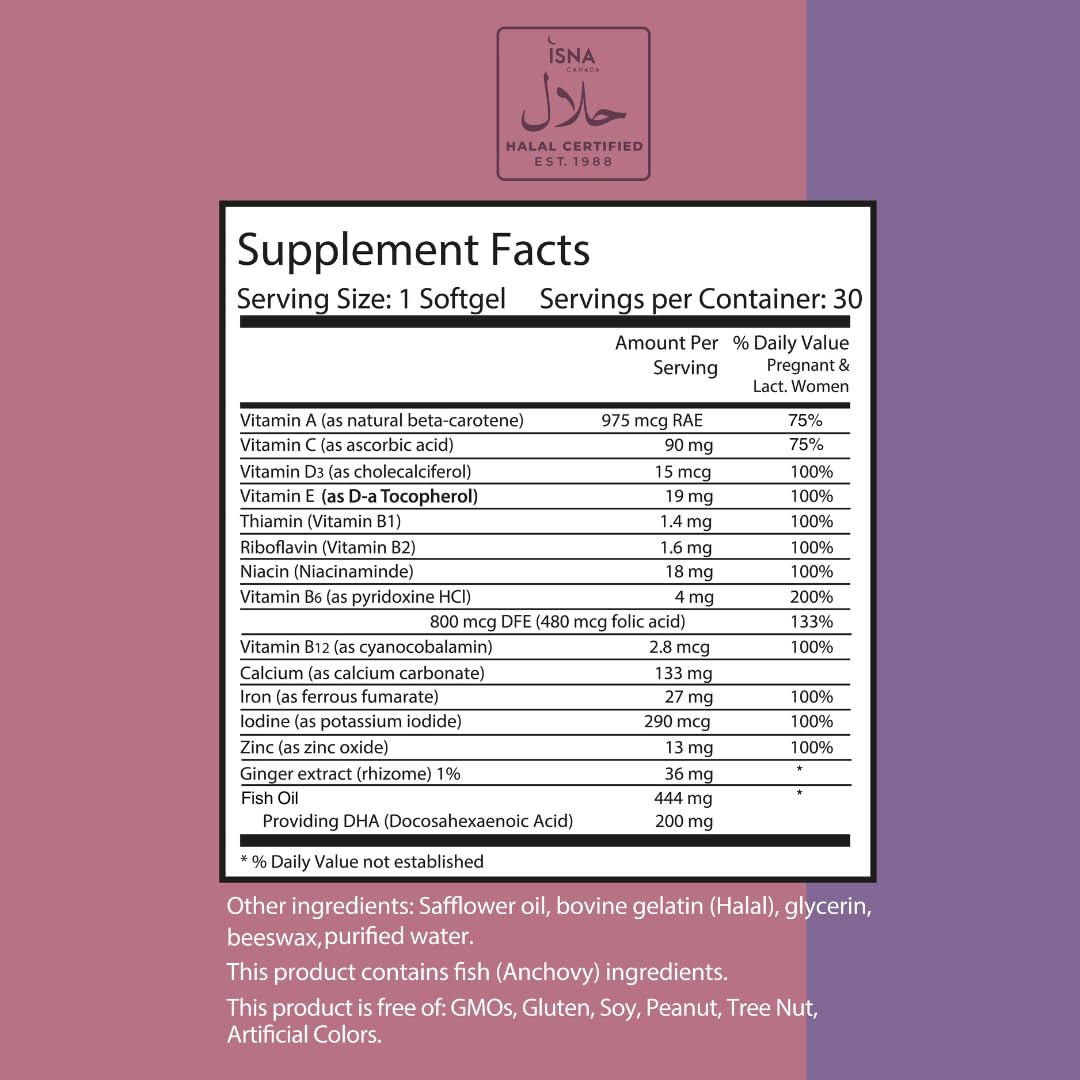 Noor Vitamins Halal Prenatal Vitamins with DHA and Folic Acid, Essential Vitamins, Ginger to Soothe Mom's Stomach, Iron, Softgels, Prenatal Vitamin Before/During/Post Pregnancy (1 Month Supply)