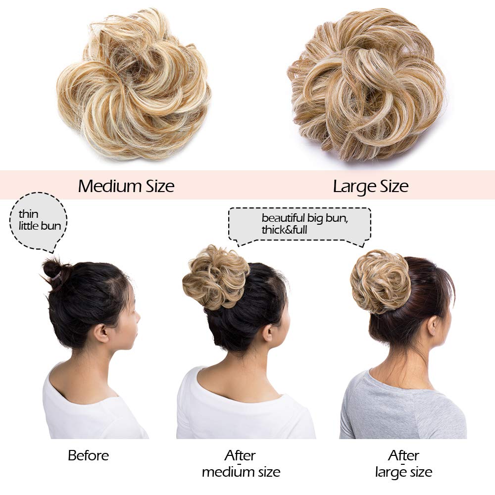 Synthetic Hair Bun Hair Pieces Messy Scrunchy Wavy Scrunchie Updo Elastic Donut Thick Full Wedding Bridal Hairpiece Easy Bun Updos for Women Kids 1pcs 40g #12h24 Light Brown Mix Ash Blonde