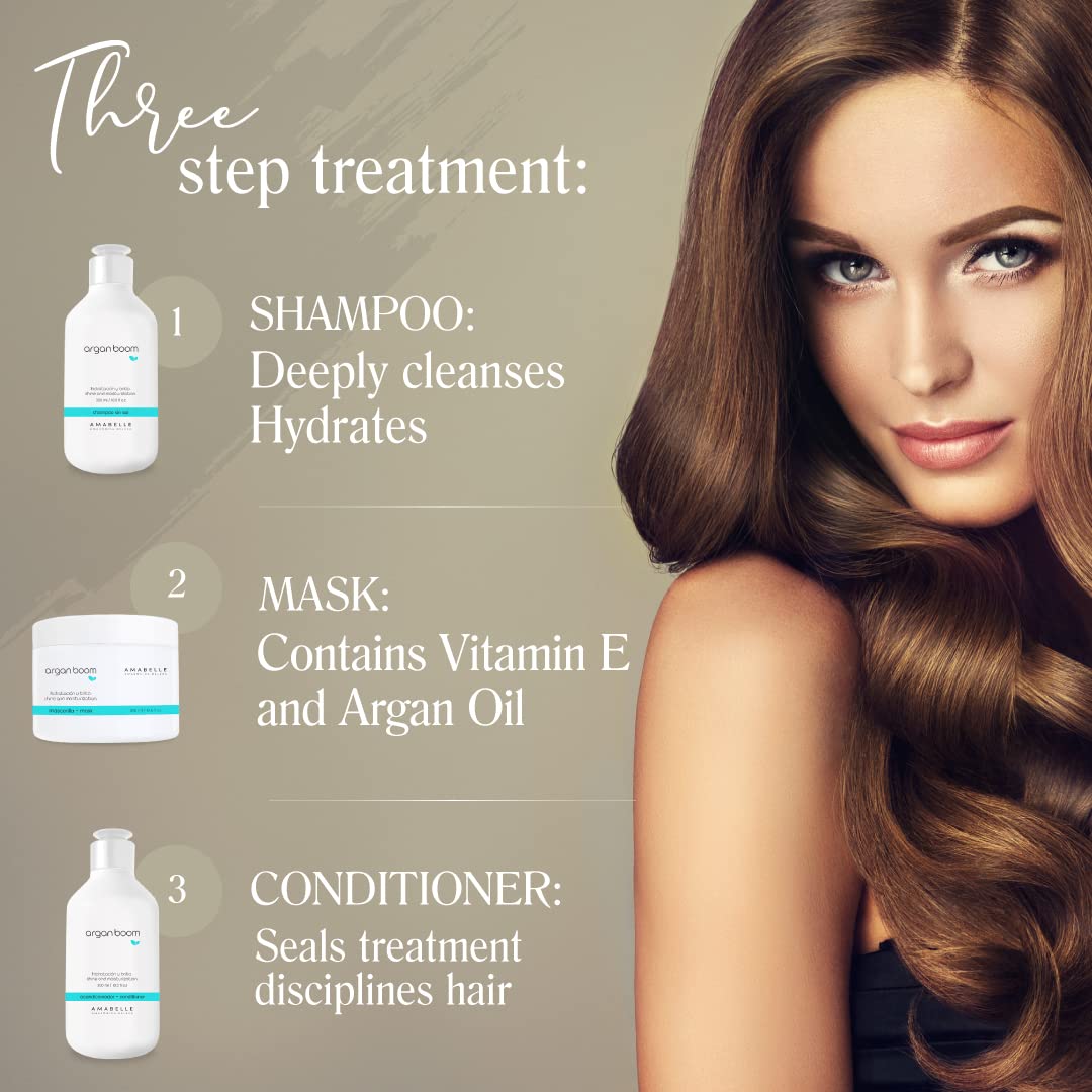 AMAZONICA BELEZA Argan Oil Hair Shampoo, Conditioner and Mask for Intense Moisturizing, Hydrate & Repair Kit for Dry Hair, Kit Hidratante con Oleo de Argan y Vitamina E, (10 Oz/each)