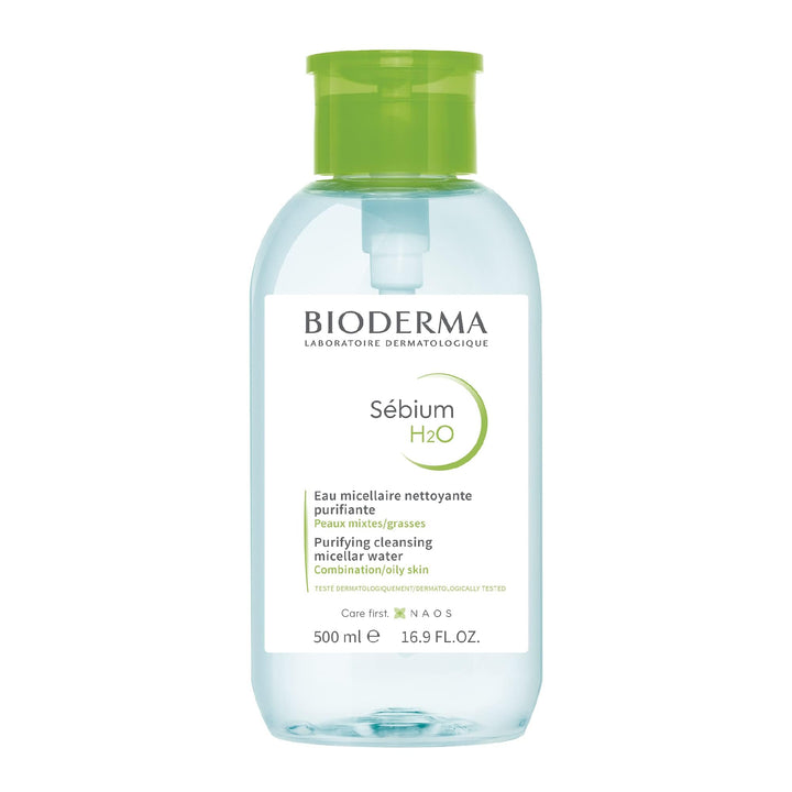 Bioderma Sébium H2O Micellar Water Pump, Cleansing and Makeup Removing Gentle Face Cleanser for Combination to Oily Skin, 16.9 Fl Oz