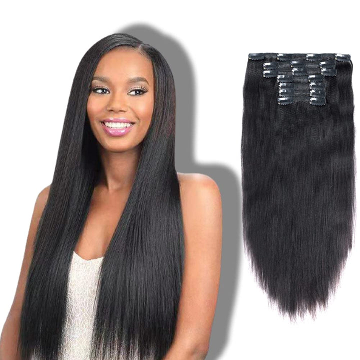 Vanalia Perm Yaki Clip in Extensions Double Wefted Natural Black 100% Remy Human Hair 120 Gram 7 Pieces 18 Clips for African American Black Women Yaki 18 Inch: 18 Inch, Yaki Straight