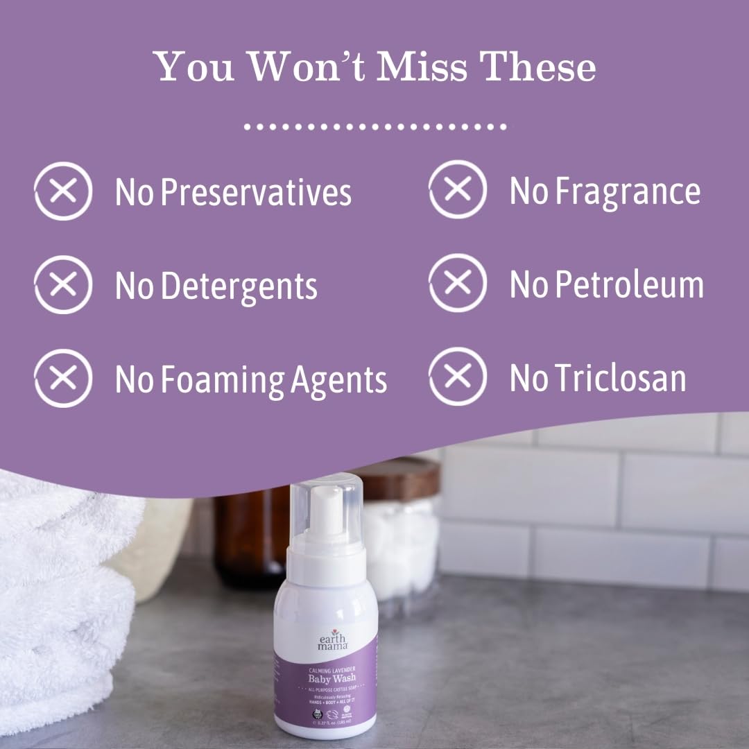 Earth Mama Calming Lavender Baby Wash Liquid Hand Soap Refill, Organic Body Wash for Sensitive Skin, All Purpose Castile Soap Liquid with Coconut Oil, Shea Butter, Calendula & Aloe, 34 fl oz