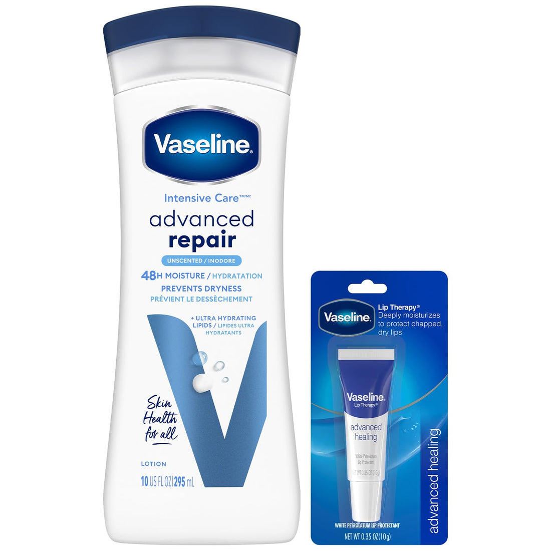 Vaseline Intensive Care Lotion, Unscented, Advanced Repair – Non-Greasy Moisturizer for Extremely Dry Skin + Advanced Lip Therapy Tube