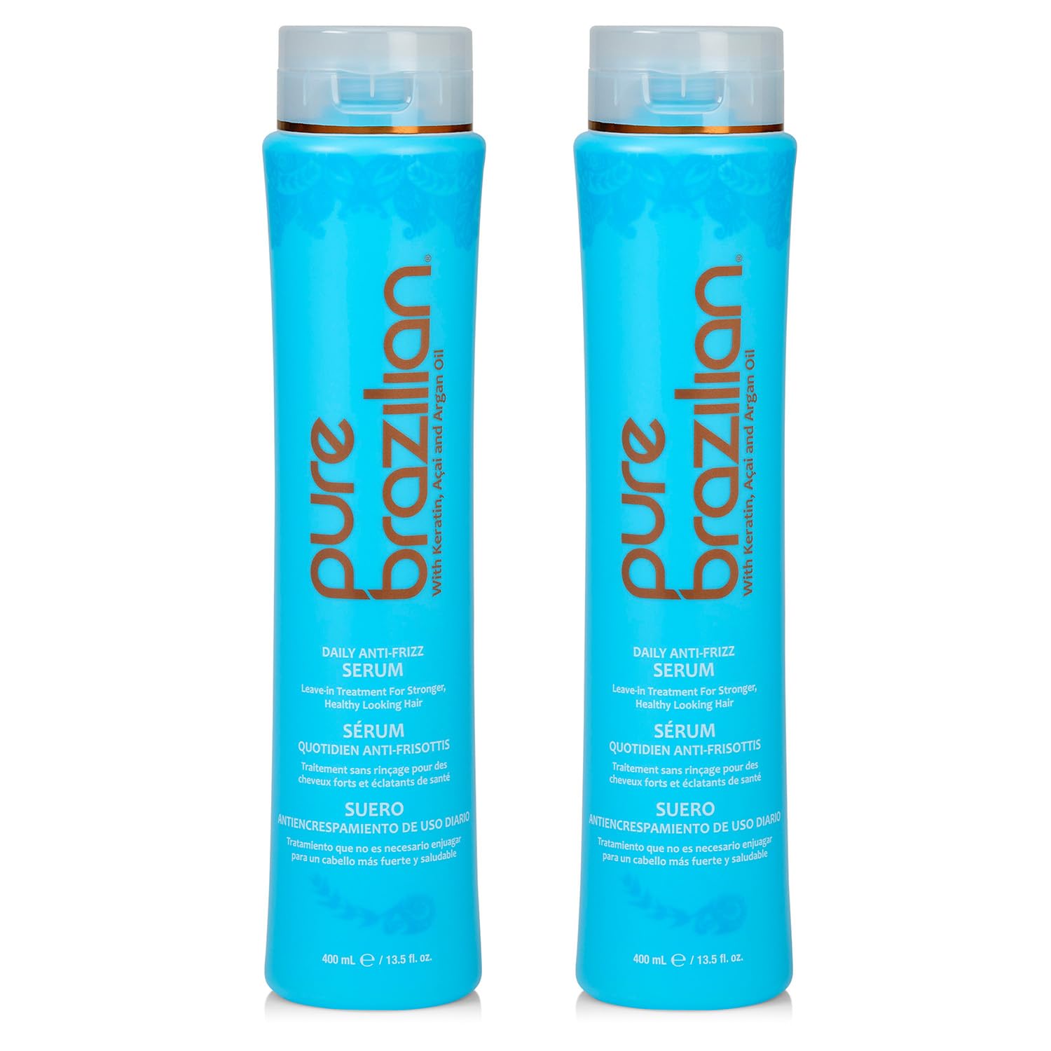 Pure Brazilian Anti-Frizz Daily Leave-In Serum, Strengthening Hair Treatment, Fortifies & Protects Hair From Heat & UVA/UVB, Pack of 2, 13.5 Ounce (400 Milliliter)