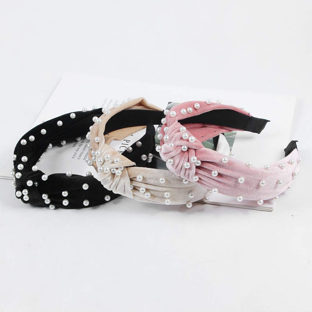 Headbands Women Hair Head Bands - 6 Pcs Pearl Knotted Head Bands Cute Velvet Top Knot Turban Hairbands Fashion Girls Vintage Boho Beauty Wide headbands For Wash Face Makeup Fashion Hair Accessories