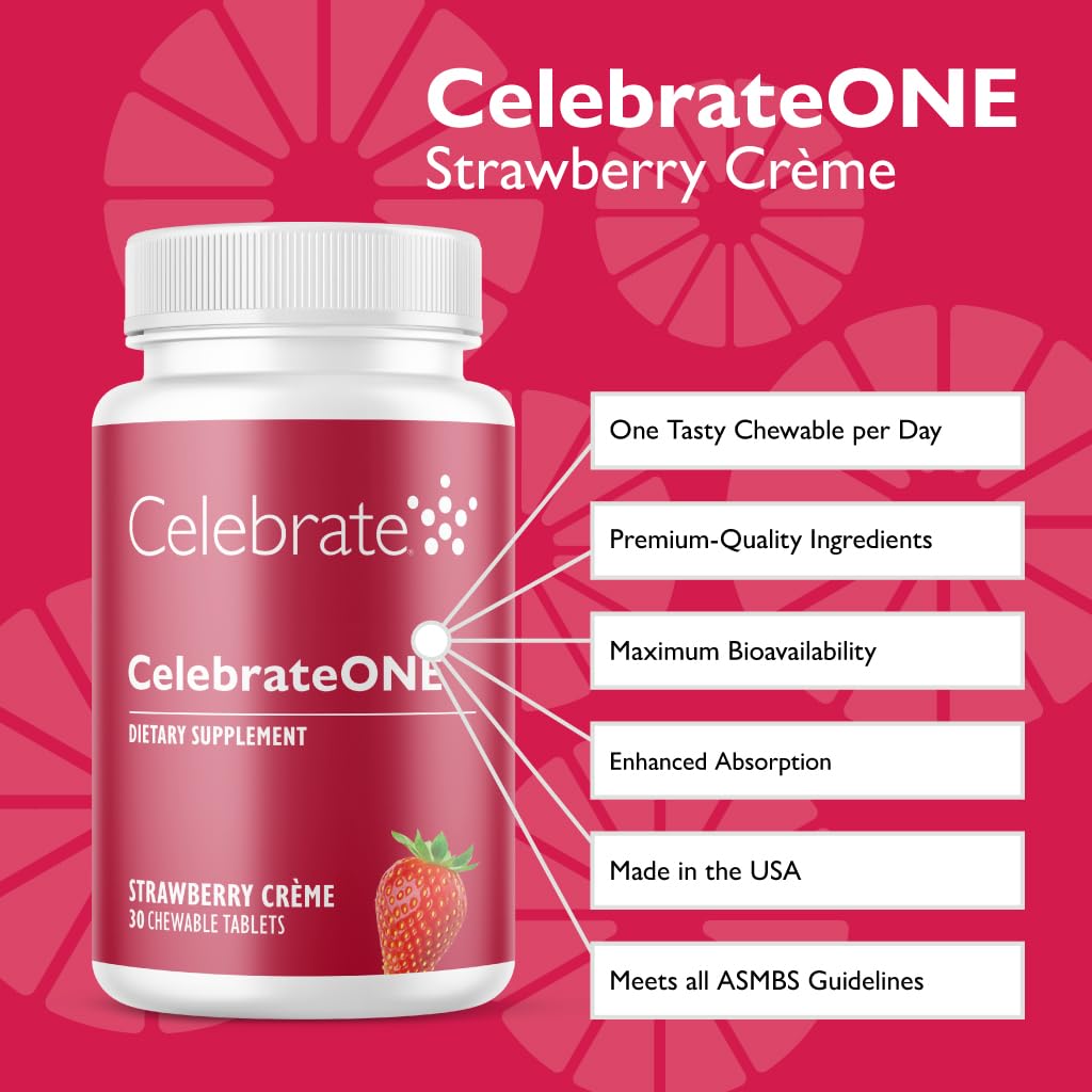 Celebrate Vitamins CelebrateONE Chewables, Iron Free - One A Day Bariatric Multivitamin, Essential Vitamins & Minerals - Gastric Bypass & Sleeve Gastrectomy Supplement - Strawberry Creme (30 Tablets)