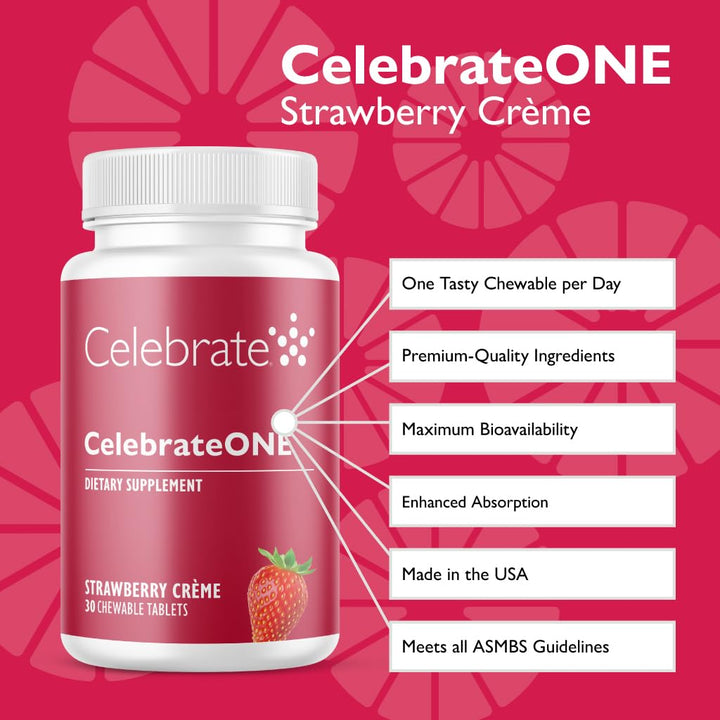 Celebrate Vitamins CelebrateONE Chewables, Iron Free - One A Day Bariatric Multivitamin, Essential Vitamins & Minerals - Gastric Bypass & Sleeve Gastrectomy Supplement - Strawberry Creme (30 Tablets)