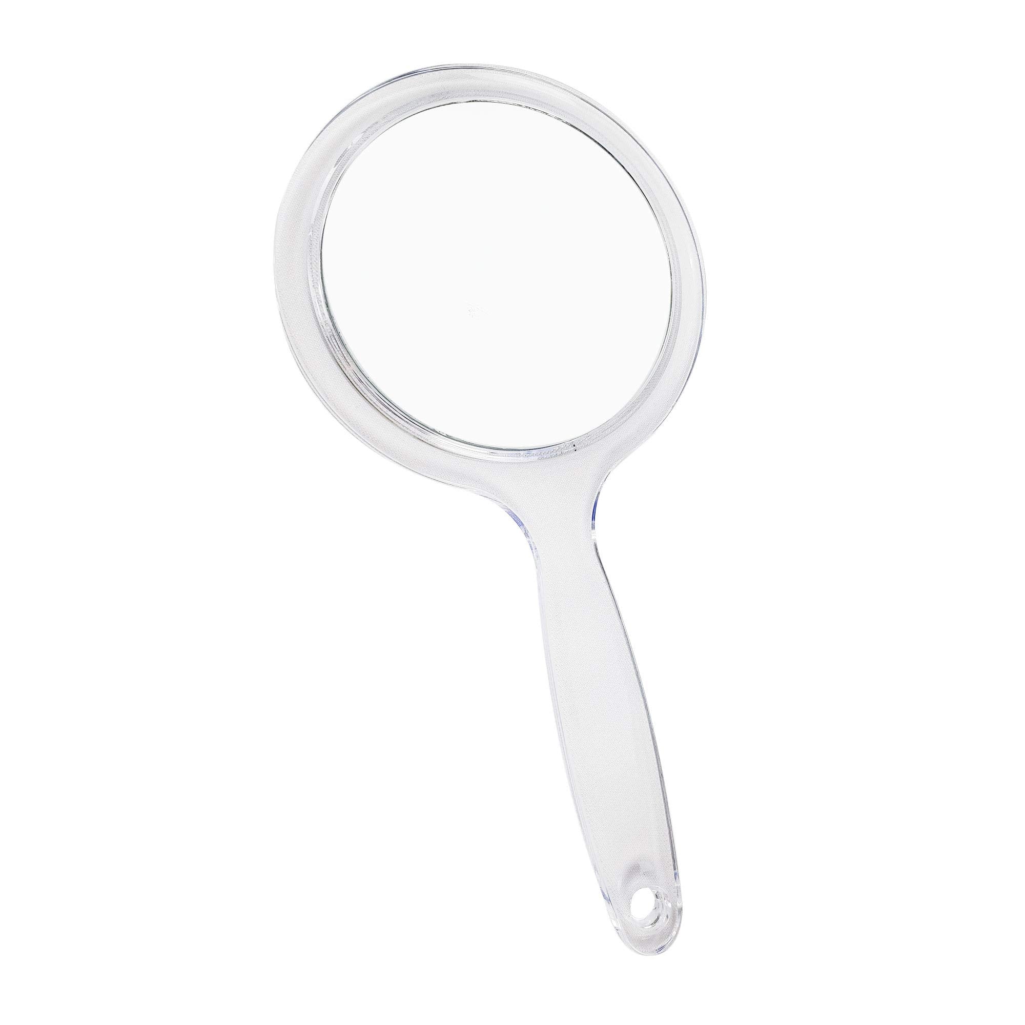 Clear acrylic handheld double sided mirror with a 10X/1X magnification 5.5 diameter