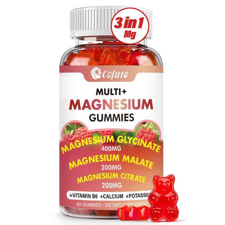 Triple Magnesium Complex 900 mg, Magnesium Glycinate, Citrate, Malate with Potassium, Calcium, Vitamin B6 for Calm & Sleep - Vegan, Non-GMO, Gluten Free - 60 Raspberry Gummies for Adults
