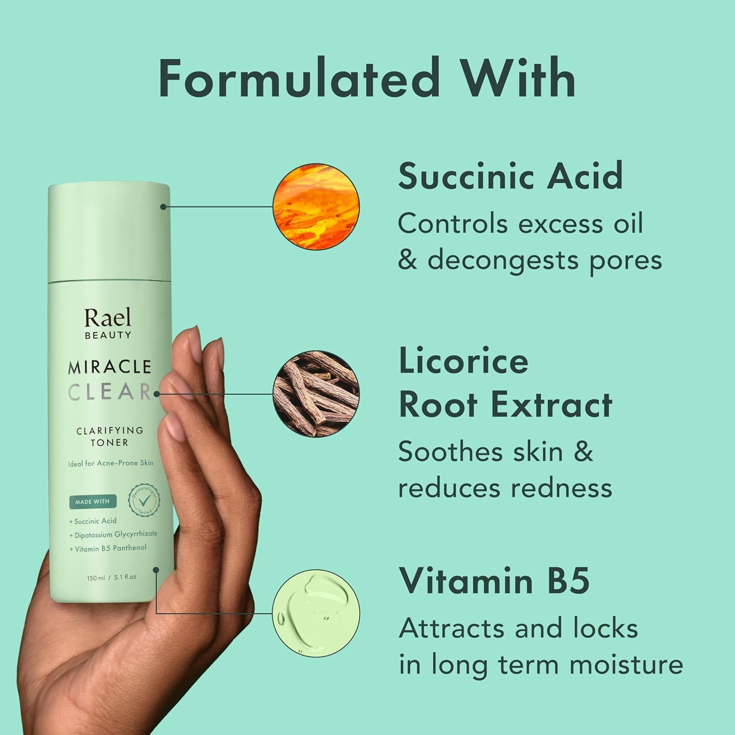 Rael Toner for Face, Miracle Clear - Reducing Pores and Oils with Succinic Acid, Hydrating Vitamin B5, Vegan, Korean Skin Care (5.1 fl oz)