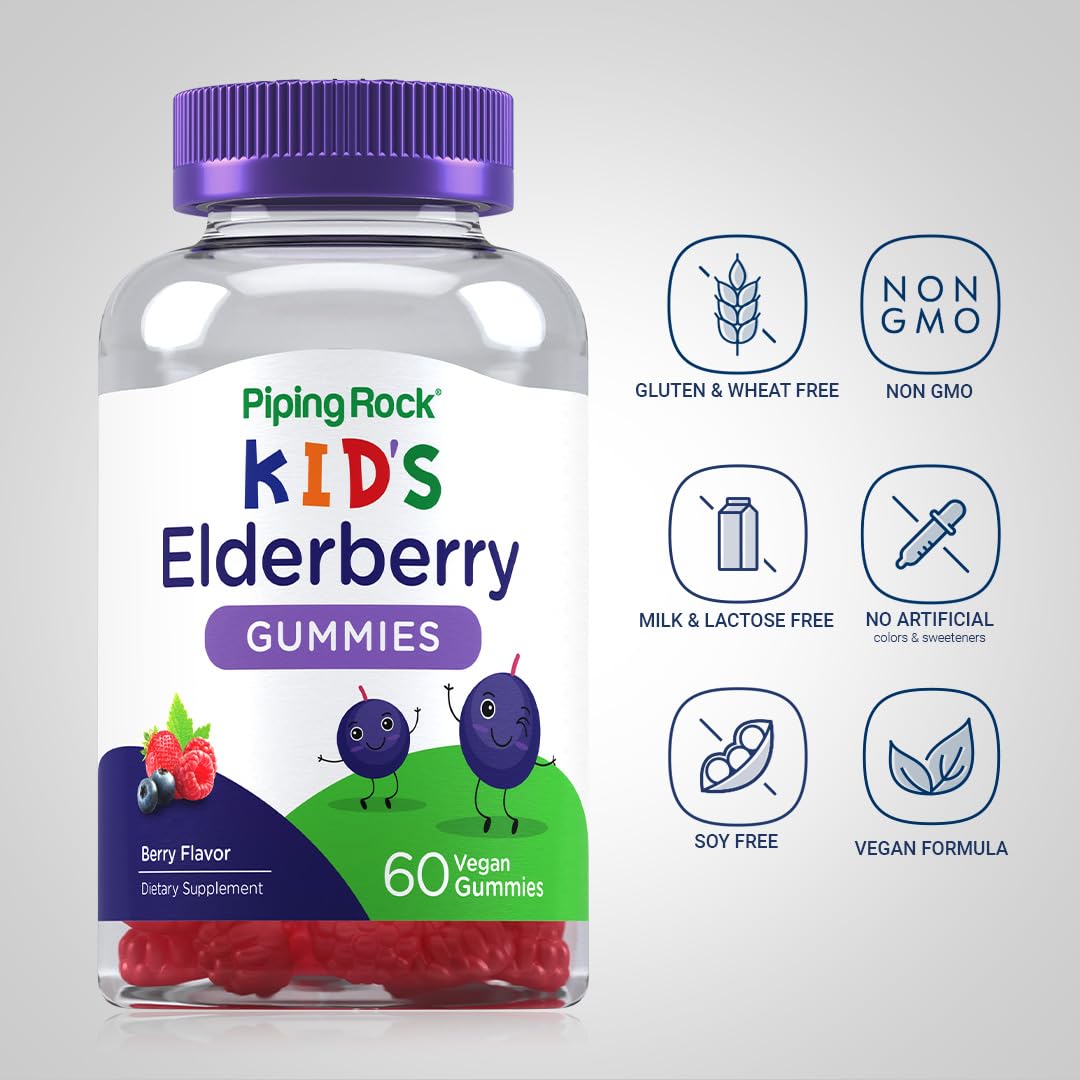 Piping Rock Kids Elderberry Gummies | 60 Count | with Vitamin C and Zinc | Berry Flavor Vitamins | Vegan, Non-GMO, Gluten Free Supplement