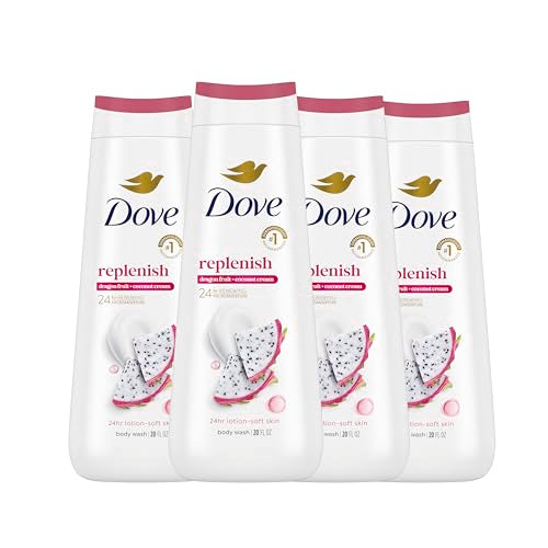 Dove Body Wash 4 Count for 24hr Lotion-Soft Skin Replenish Dragon Fruit and Coconut Cream Moisturizing Skin Cleanser with No Sulfates No Parabens