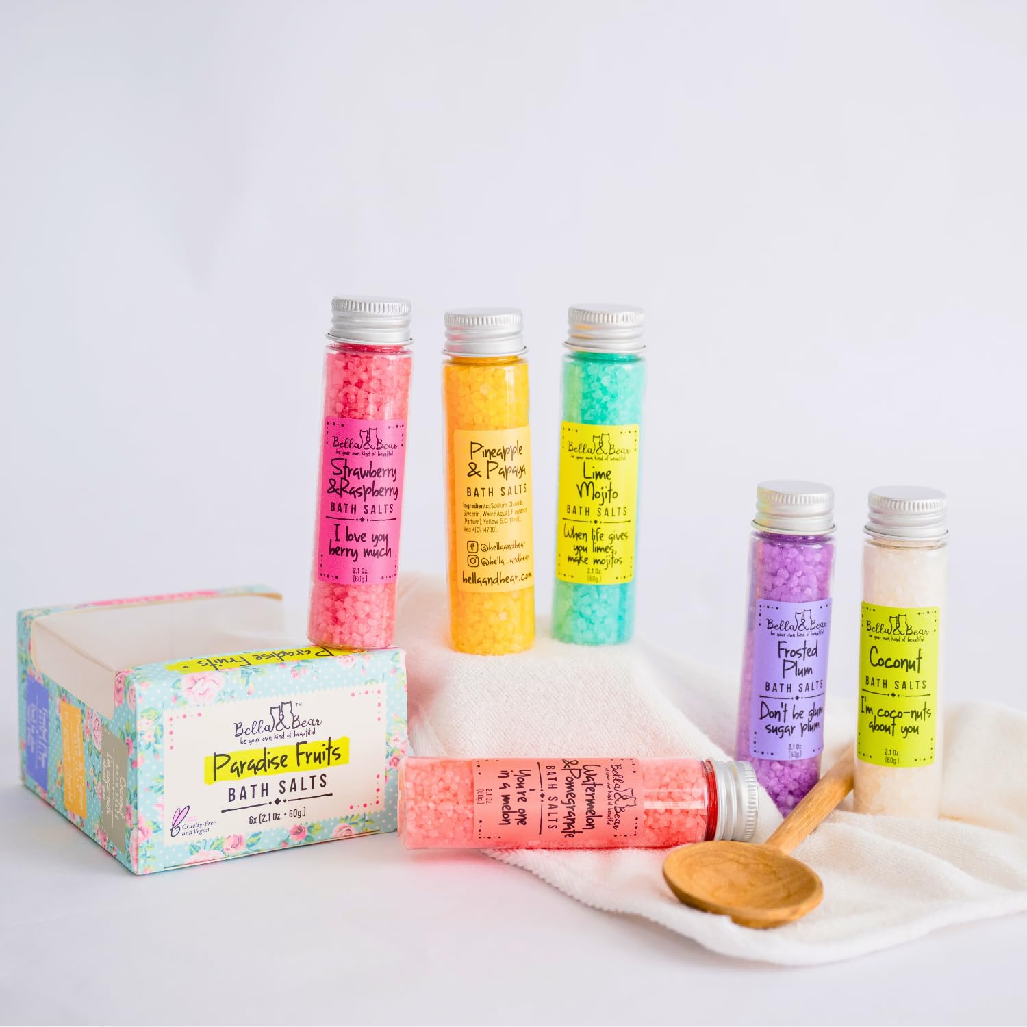 Bella & Bear Paradise Fruits Bath Salts, Foot Soak, Detox, Fruity Scents, Gift - Pack of 6, 2oz