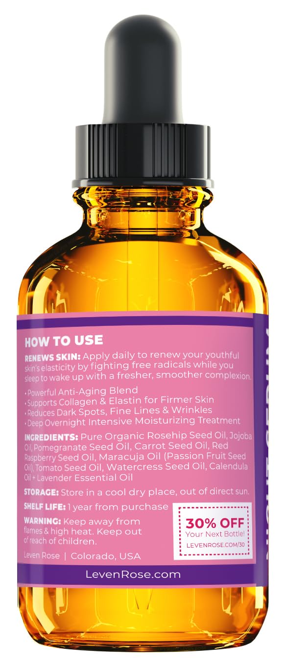 Leven Rose Rosehip Oil Night Face Serum, 100% Pure Organic Natural Rose Hip Oil Serum for Dry Skin 1 oz