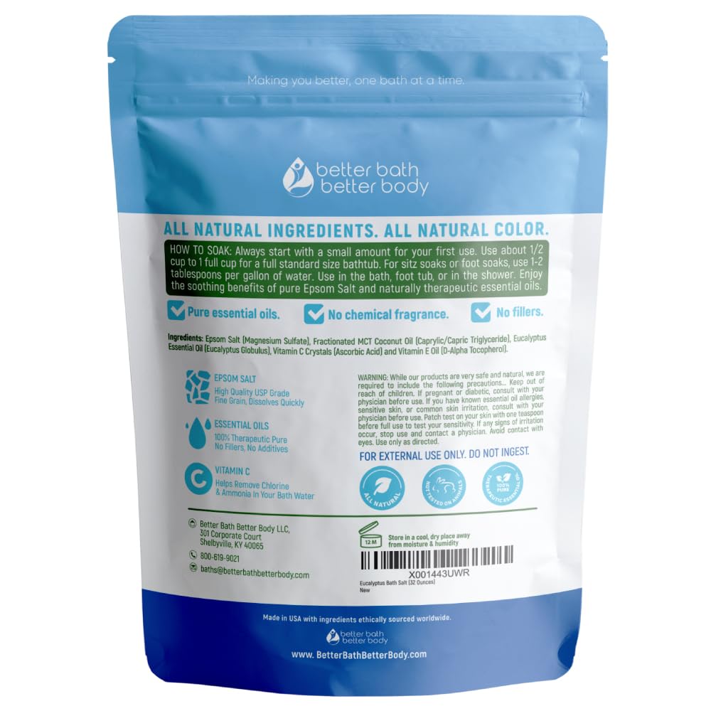 Eucalyptus Bath Salt 32 Ounces Epsom Salt with Natural Eucalyptus Essential Oil Plus Vitamin C in BPA Free Pouch with Easy Press-Lock Seal