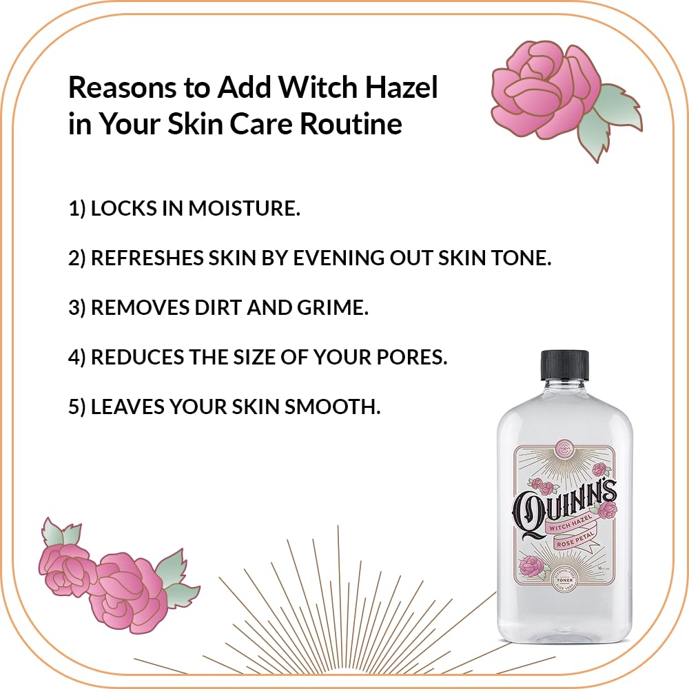 Quinns Alcohol-Free Witch Hazel 16oz - Rose Petal & Aloe Vera Natural Toner for Face & Skin